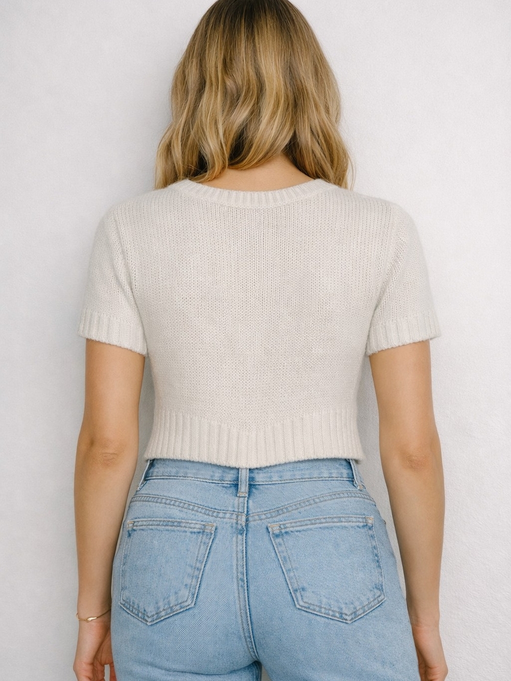 2B Bebe Cream Short Sleeve Cropped Sweater with Gold Stud Trim - Picture 2 of 5